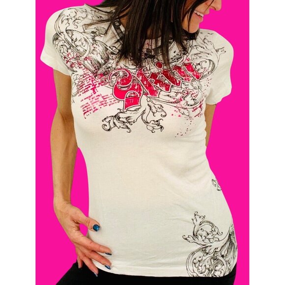 Skins Tops - RARE Vintage 90s SKIN Fitted Sexy Metallic Tattoo Style Logo Tee Top T-Shirt Y2K